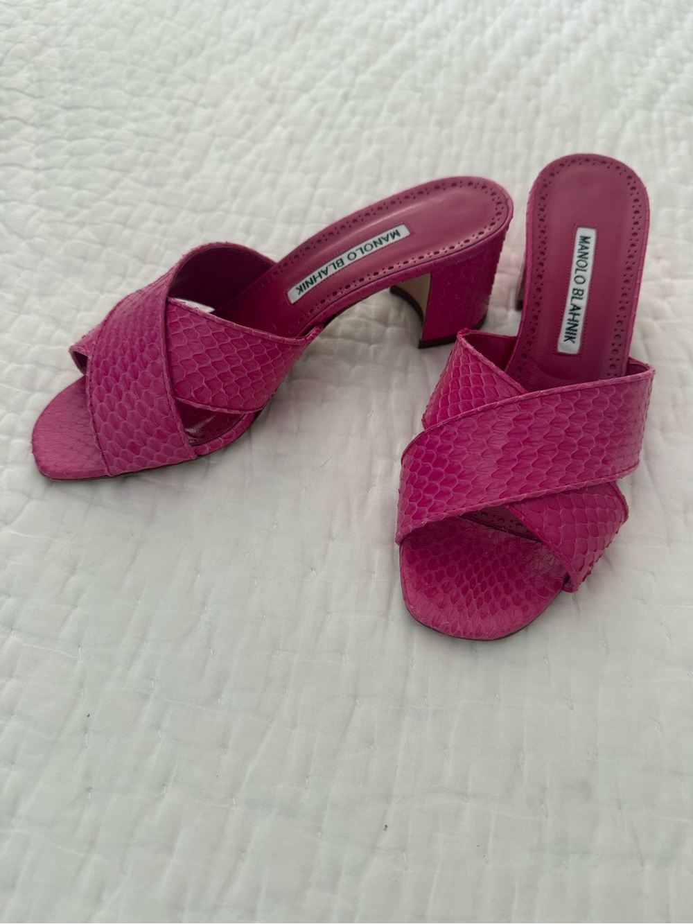 Manolo Blahnik Fuchsia Snake Heeled Sandals